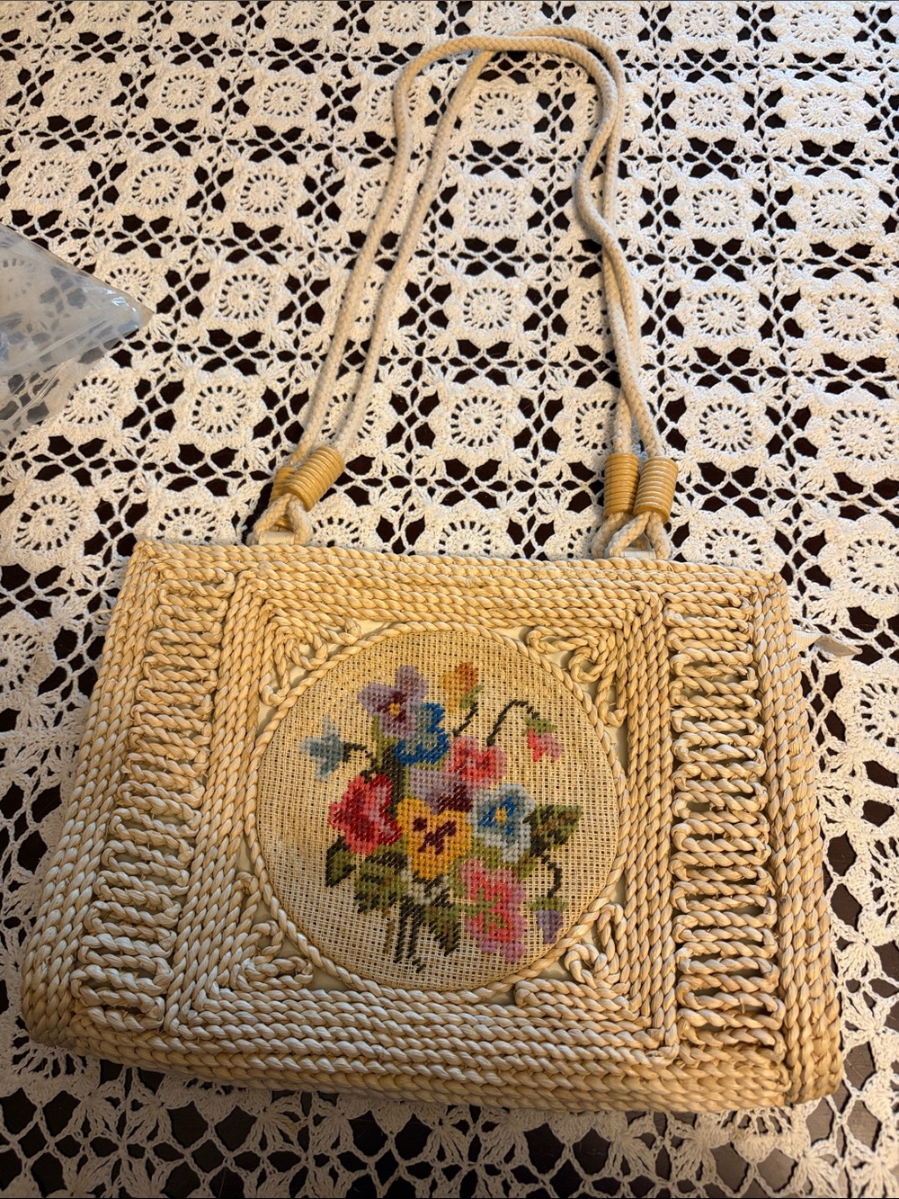 VTG Artisan Beige Woven Shoulder Bag with Multicolor Floral Needlepoint